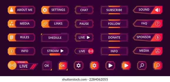 Gamer-Streamknöpfe. Game Streaming Interface Elemente, MMO Game Menü. Garnrahmen-Balken und Knöpfe, flach, Vektorgrafik-Set