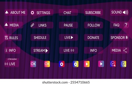 Gamers stream buttons. Game streaming interface elements,  game menu. Garish frames bars and buttons flat