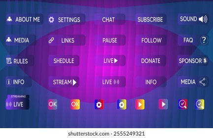 Gamers stream buttons. Game streaming interface elements, mmo game menu