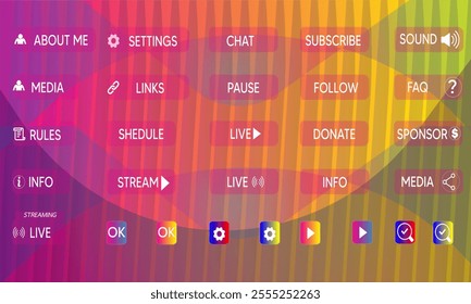  Gamers stream buttons. Game streaming interface elements, game menu