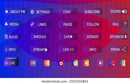  Gamers stream buttons. Game streaming interface elements, game menu