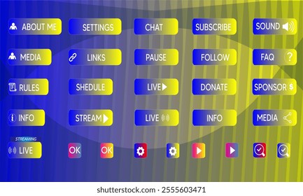  Gamers stream buttons. Game streaming interface elements, game menu