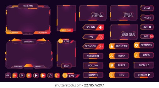 Gamers stream screen frames. Graphic game streaming interface, mmo game menu, garish frames, bars and buttons flat vector illustration set. Modern gamers stream collection