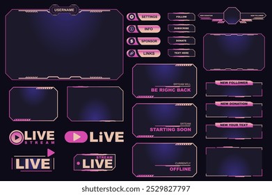 Os jogadores transmitem quadros de tela mega set elementos em design gráfico plano. Coleção objetos de barras e botões, painéis diferentes e huds com configuração, informações, bate-papo ao vivo e outros. Ilustração vetorial.