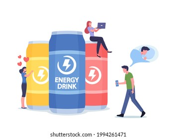 Gamers, Students or Businessmen Drinking Energetic Soda Beverages. People Drink Energy Taurine Drinks Concept. Addicted Tiny Male and Female Characters at Huge Tin Cans. Cartoon Vector Illustration