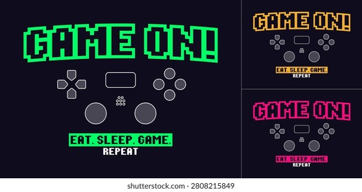 Gamers t-shirt design with pixel text, buttons and thumbsticks. Slogan print for tee shirt with gamepad buttons. Typography graphics for gamers and kids. Video game concept. Vector illustration.