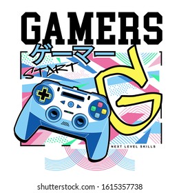 Tipografía de jugadores con ilustración de joystick, gráficos de pantalones tee, vectores, traductor de jugadores de Japón, arte dibujado a mano