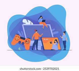 Gamers using different devices and playing on mobile phone, tablet, laptop, console. People enjoying VR 3G games. Vector illustration for cross play, game hardware concepts