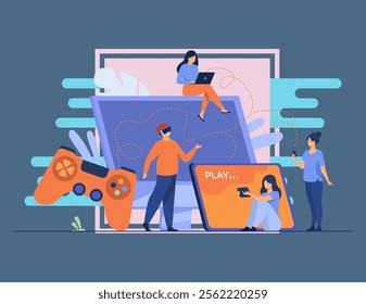 Gamers using different devices and playing on mobile phone, tablet, laptop, console. People enjoying VR 3G games. Vector illustration for cross play, game hardware concepts