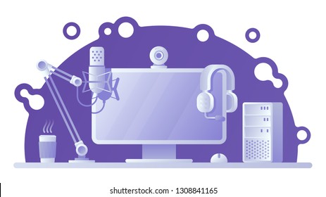 Gamers workspace illustration. Twitch live streaming, away from keyboard. Esports afk or offline screen. Eps10 vector