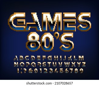 Games 80s alphabet font. Pixel letters and numbers. 80s arcade video game typeface.