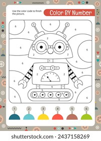 Juegos y actividades para niños. Color por números - robot lindo. Juegos de dibujo para niños. Dibujo para colorear. Ilustración vectorial.