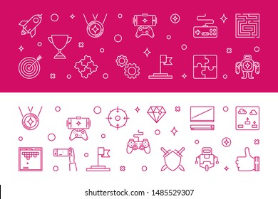 Games banners. Vector Game concept horizontal illustration in thin line style