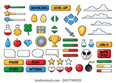 Games buttons. Pixel retro icons. Bit video gaming. Win arcade. GUI design. Cloud symbol. Lightning arrow. Heart bars. Comic dialogue menu. Square frames. Level play. Circle chat. Vector garish set