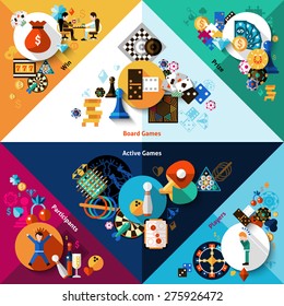 Games of chance table and active sport corners set isolated vector illustration