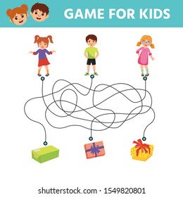 Games for children. Educational worksheet for kids. Maze game. Christmas gifts.  Find the way from the girl or boy to its presents