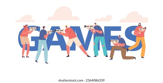 Games Concept, Charaktere, die in der Vr Gaming World improvisiert sind, wo sie virtuelle Waffen gegen Feinde, Banner, Poster abgeben
