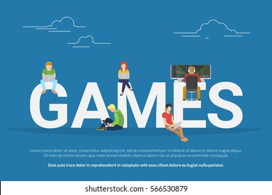 Games concept of young people using laptop and pc for playing e-sport game and having fun. Flat illustration of people sitting near big letters