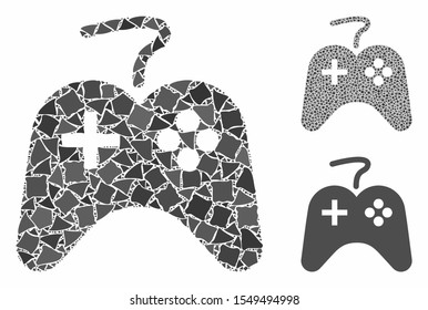 Games console composition of tuberous pieces in variable sizes and color tones, based on games console icon. Vector tuberous pieces are composed into mosaic.