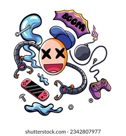 Games controller doodle. Robot with happy face playing Console game using joystick, with bomb and splash water effect.