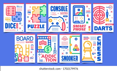 Games Creative Advertising Posters Set Vector. Smartphone And Console, Puzzle And Chess, Snooker And Darts, Addiction And Board Games. Concept Template Stylish Colorful Illustrations