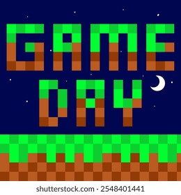 Games Day to celebrate on December 20th. Bold text made of pixels, pixel game background.