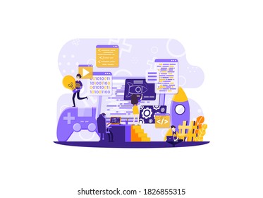  games development tiny people composition on white background with electronic devices, rating of gamer, teamwork. Vector illustration