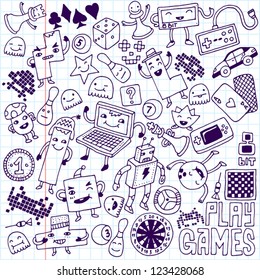 Games doodle set. School notebook.
