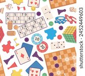 Games elements pattern. Board game for adults and children leisure time. Spend time with friend. Wrapping print template design, decent vector background