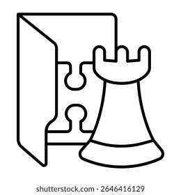 Games folder thin line icon, neural dataset concept. Vector graphics. Folder with tower chess and puzzle piece, gaming data sign on white background, style mobile or design