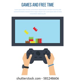 Games and free time concept. Leisure and recreation in their free time and everyday life, a gaming console, Internet and modern technologies. Vector illustration isolated on white background.