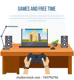 Games and free time concept. Leisure and recreation in their free time and everyday life, a gaming console, Internet and modern technologies. Vector illustration isolated on white background.