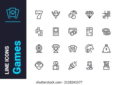 Games for fun pastime icons set vector illustration. Train brain in online games line icon. Gamer, addiction and entertainment concept