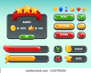 Games gui set. Mobile gaming user interface icons and items colored button status bar ribbons casual build vectors. Illustration of game button graphic, mobile app menu template