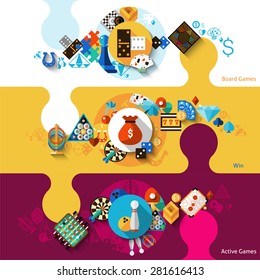 Games horizontal banner set with active board win games elements isolated vector illustration