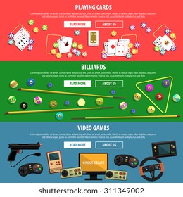 Games horizontal banners set with playing cards billiards and video flat isolated vector illustration 