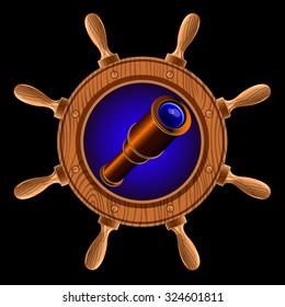 games icon in the form of a ship steering wheel with pirate telescope