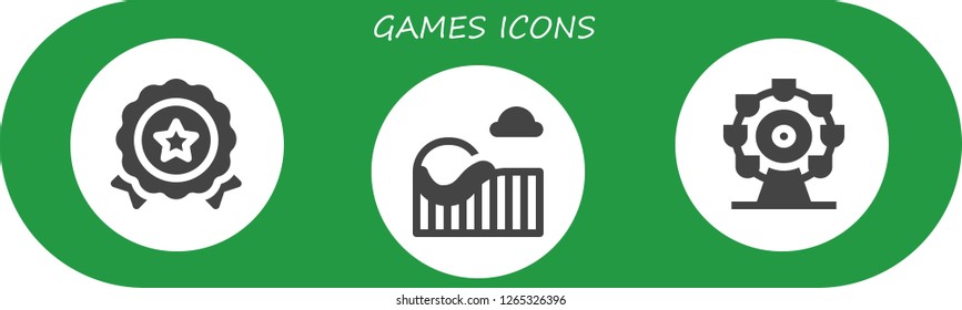  games icon set. 3 filled games icons. Simple modern icons about  - Medal, Roller coaster, Ferris wheel