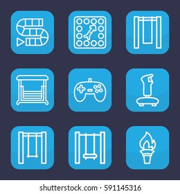 games icon. Set of 9 outline games icons such as swing, board game, torch, joystick
