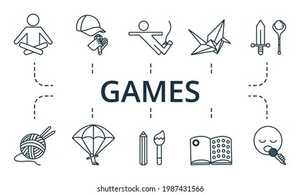 Games icon set. Contains editable icons theme such as dominoes, crossword, cooking and more.