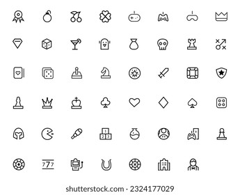 Juego de iconos de juegos. Tipos de juego y características. Diseño lineal. Líneas trazadas editables. Iconos vectoriales aislados