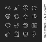 Games icon set, white lines on black background. Coins, swords, shields, potions, bombs, castles, crowns. Magical worlds, adventures, weapons, treasures. Customizable line thickness.