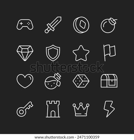 Games icon set, white lines on black background. Coins, swords, shields, potions, bombs, castles, crowns. Magical worlds, adventures, weapons, treasures. Customizable line thickness.