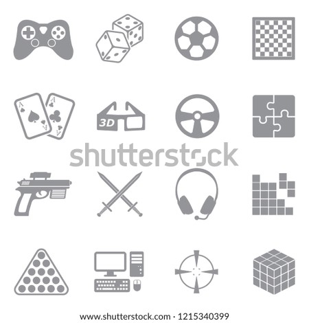 Games Icons. Gray Flat Design. Vector Illustration. 
