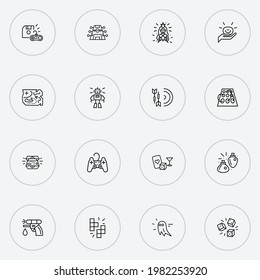 Games icons line style set with game ghost, darts, old treasure map and other queen elements. Isolated vector illustration games icons.