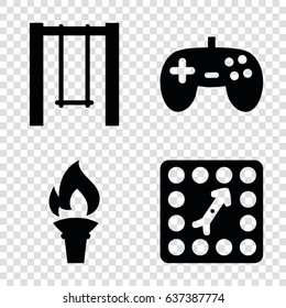 Games icons set. set of 4 games filled icons such as swing, board game, torch