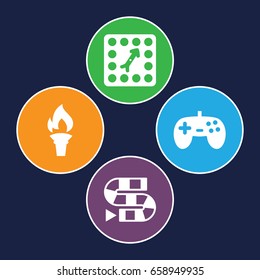 Games icons set. set of 4 games filled icons such as board game, torch, joystick