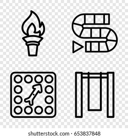 Games icons set. set of 4 games outline icons such as board game, torch, swing