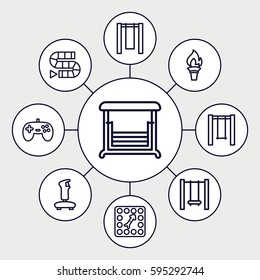 games icons set. Set of 9 games outline icons such as swing, board game, torch, joystick