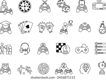 Conjunto de iconos de Juegos. Iconos vectoriales de juego de arcade, juego móvil, juego de cartas, dados, lucha, casino, ajedrez, consola, juego terminado, y otros